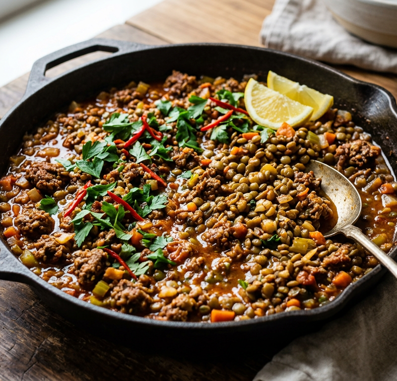 Spicy Garlic Lamb and Lentil Skillet