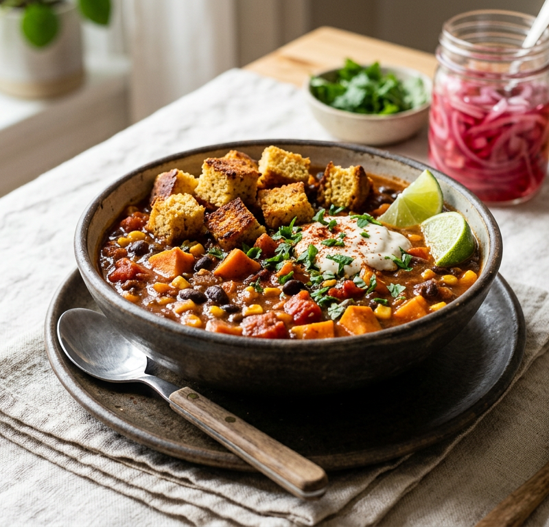 Smoky Black Bean & Sweet Potato Chili Bowl with Cornbread Croutons