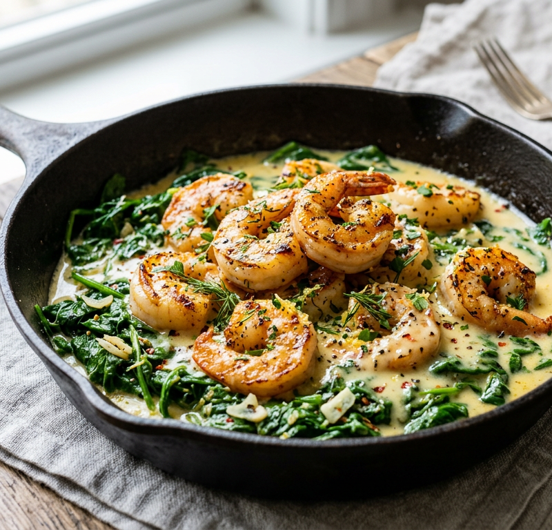 Seared Garlic Shrimp with Avgolemono-Style Egg Sauce and Sautéed Spinach