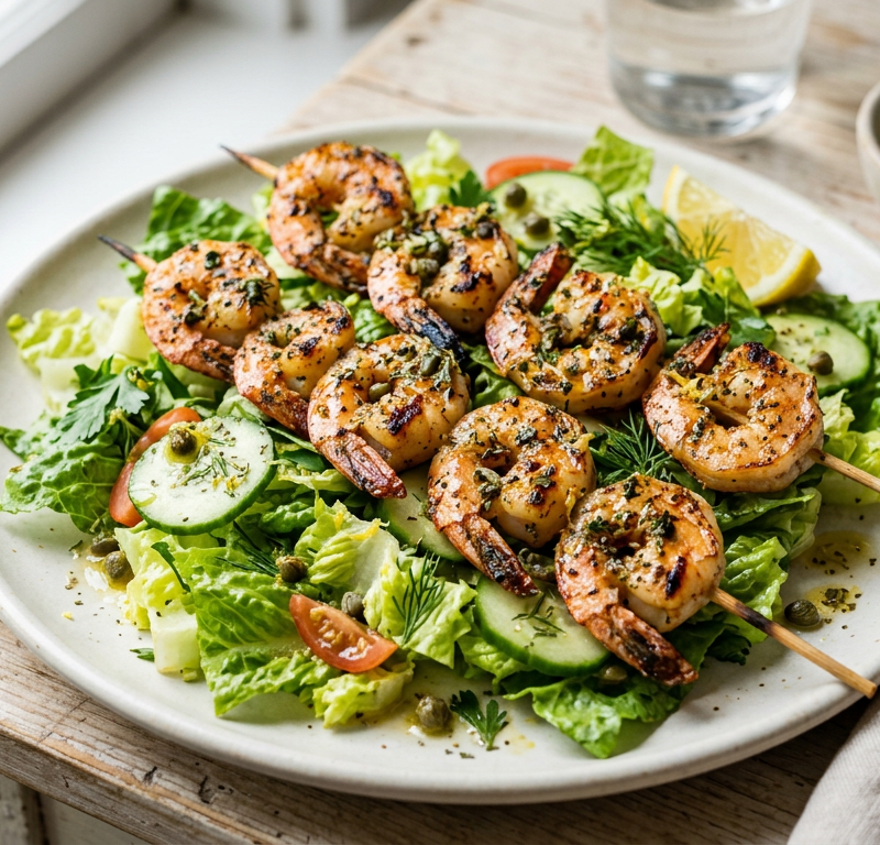 Greek-Spiced Shrimp Skewers with Lemon-Caper Oil