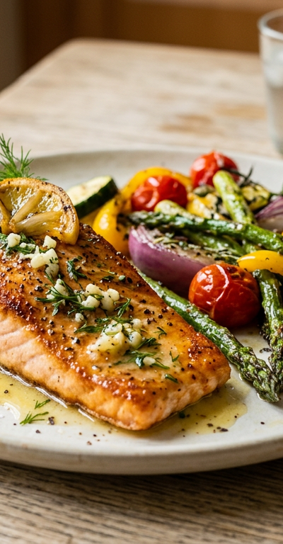Lemon-Garlic Seared Salmon with Charred Vegetables