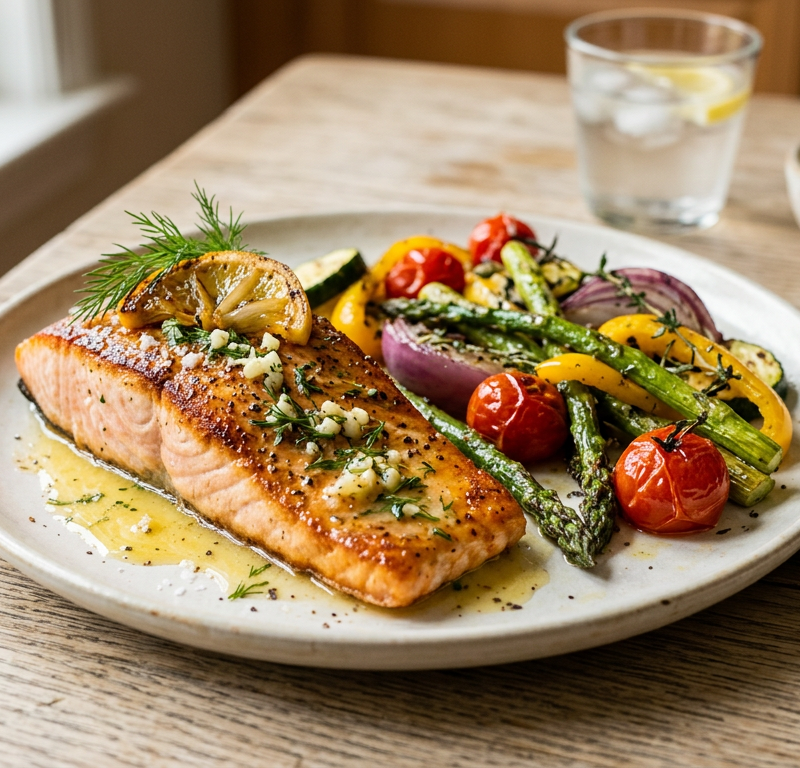 Lemon-Garlic Seared Salmon with Charred Vegetables
