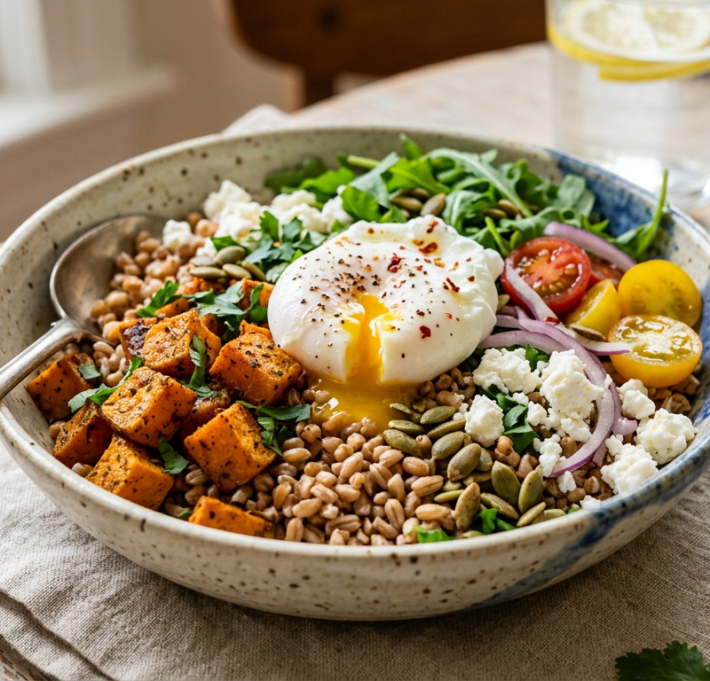 Cumin-Spiced Farro and Sweet Potato Breakfast Bowl