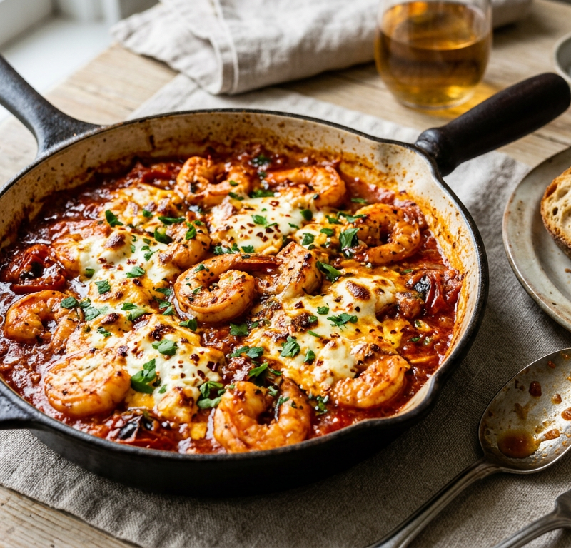 Garlicky Shrimp Saganaki with Feta and Crusty Bread