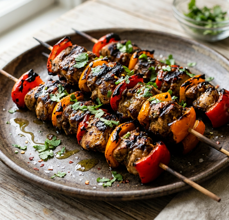 Grilled Jerk-Spiced Chicken Skewers with Charred Pineapple-Free Peppers