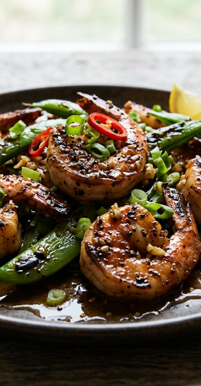 Black Pepper Garlic Shrimp with Charred Snap Peas