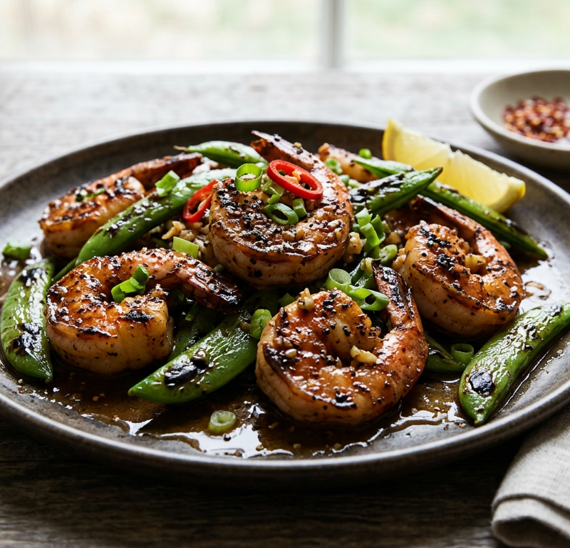 Black Pepper Garlic Shrimp with Charred Snap Peas
