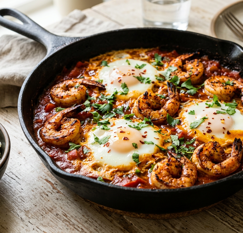 Spicy Shrimp Shakshuka-Style Skillet with Cauliflower Rice