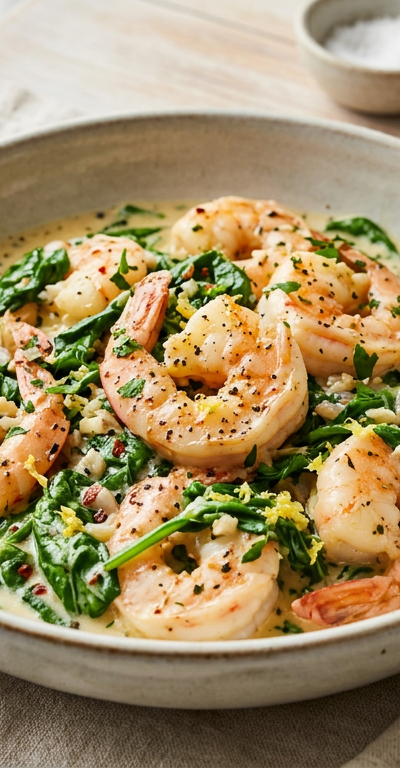 Creamy Garlic Shrimp with Lemon and Spinach