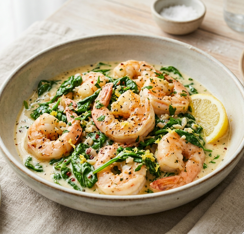 Creamy Garlic Shrimp with Lemon and Spinach