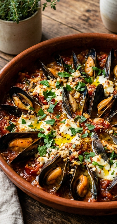 Baked Mussels with Garlic, Tomato & Feta