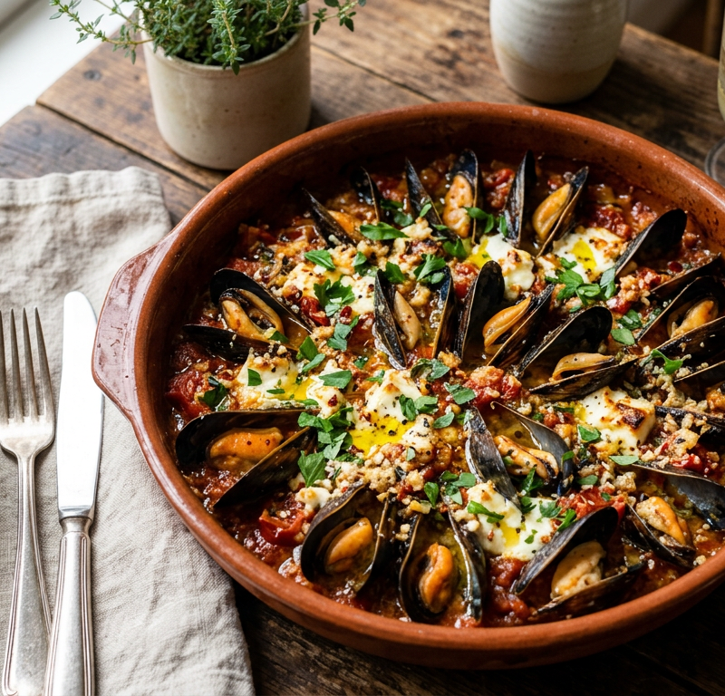 Baked Mussels with Garlic, Tomato & Feta