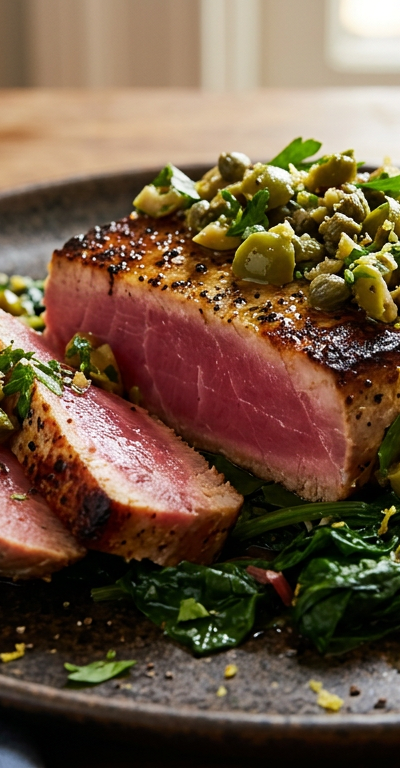 Seared Tuna Steak with Olive-Caper Relish