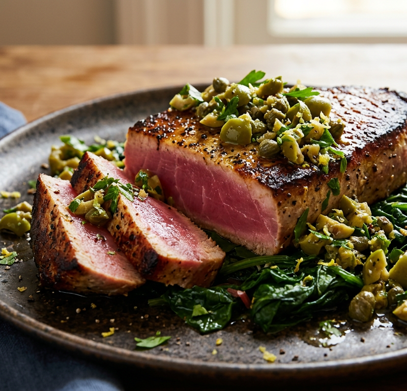 Seared Tuna Steak with Olive-Caper Relish