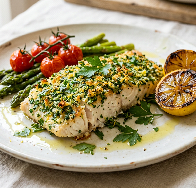 Herb-Crusted Snapper with Charred Lemon and Olive Oil
