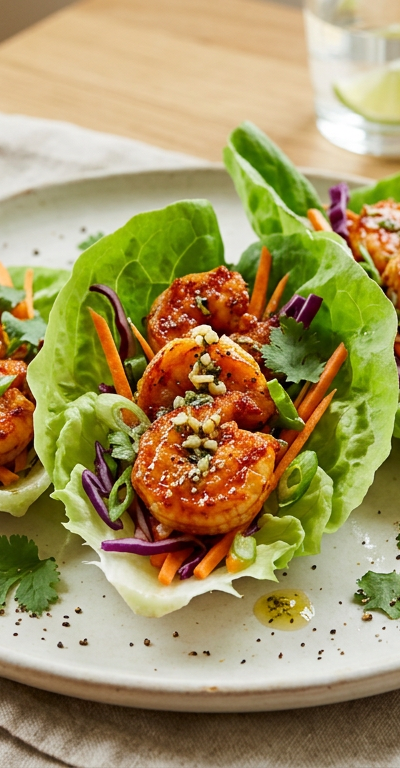 Buffalo Shrimp Lettuce Boats with Dairy-Free Garlic Oil Drizzle