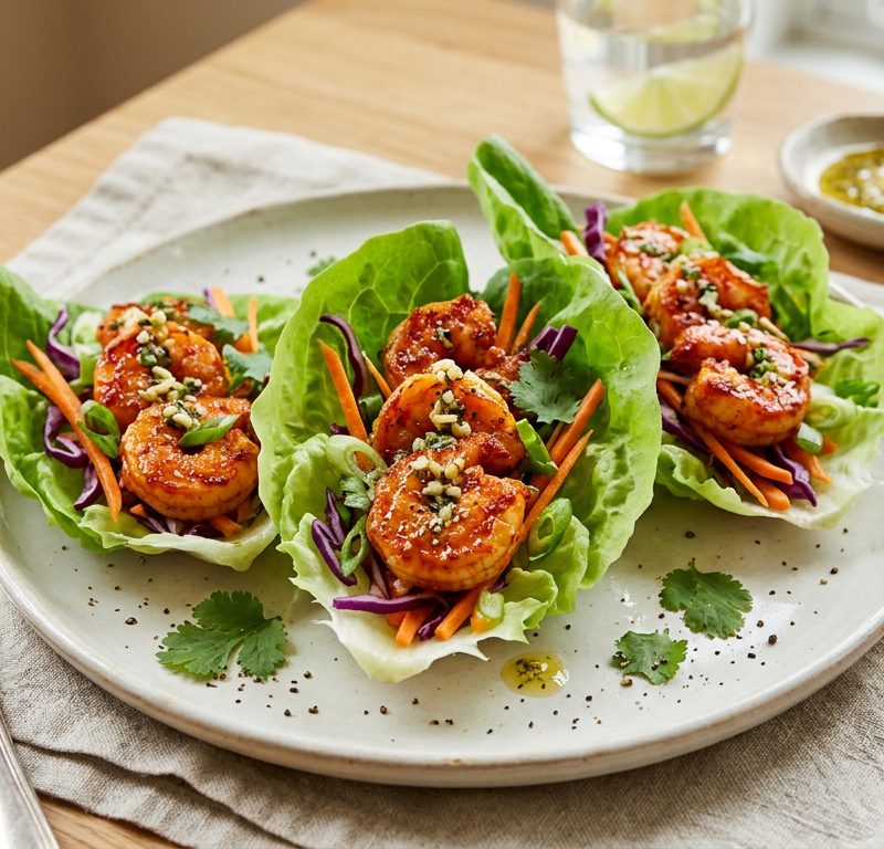 Buffalo Shrimp Lettuce Boats with Dairy-Free Garlic Oil Drizzle