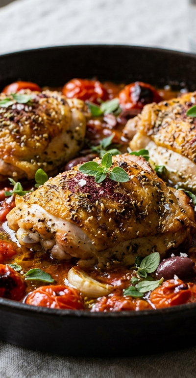 Crispy Za'atar Chicken Thighs with Charred Tomato and Olive Pan Sauce