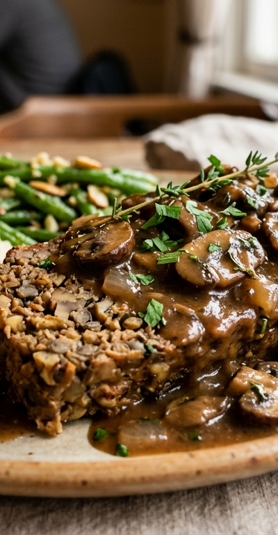 Gluten-Free Vegan Diner Meatloaf with Mushroom Gravy