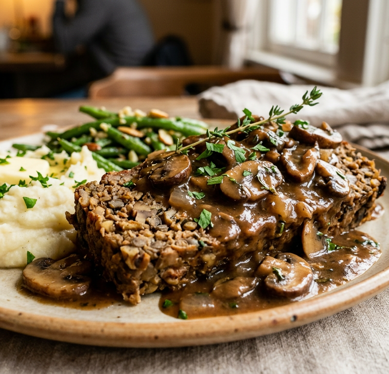 Gluten-Free Vegan Diner Meatloaf with Mushroom Gravy