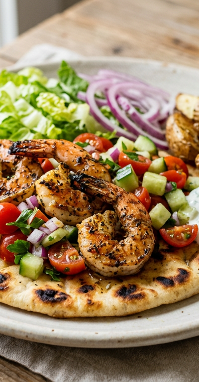 Grilled Shrimp Gyro Platter with Tomato-Cucumber Salsa