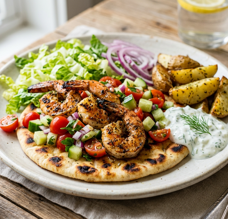 Grilled Shrimp Gyro Platter with Tomato-Cucumber Salsa