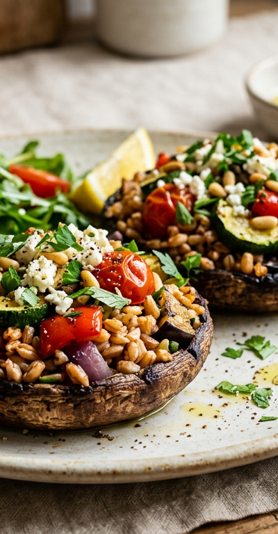 Grilled Veggie & Farro Stuffed Portobellos