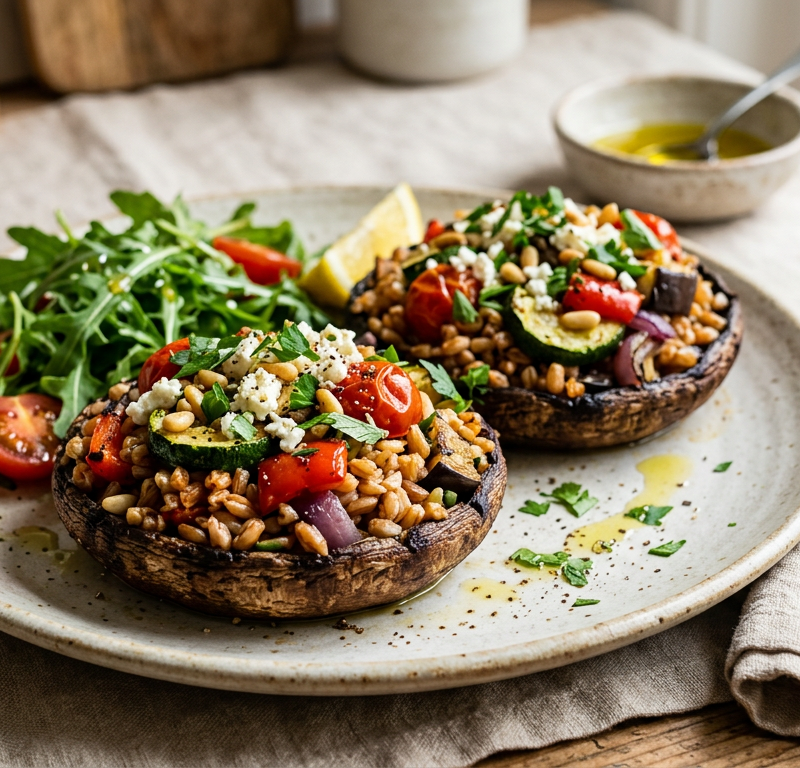 Grilled Veggie & Farro Stuffed Portobellos