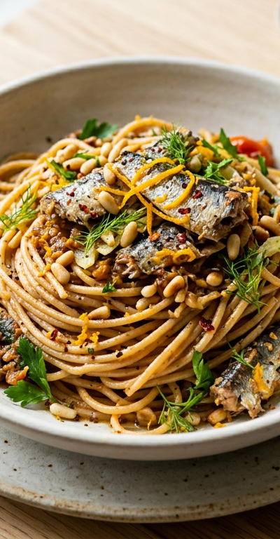 Sicilian Orange & Sardine Pasta with Whole-Wheat Spaghetti