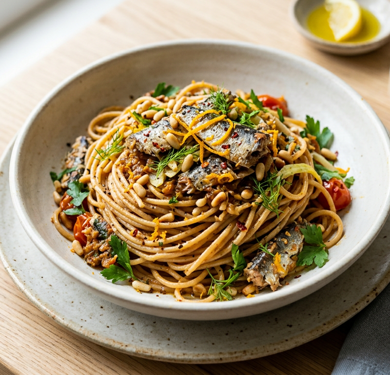 Sicilian Orange & Sardine Pasta with Whole-Wheat Spaghetti