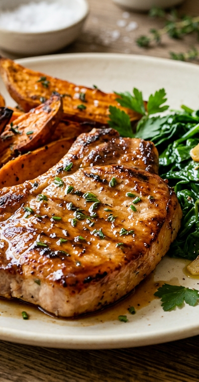Maple-Glazed Pork Chops with Roasted Sweet Potato Wedges and Sautéed Spinach