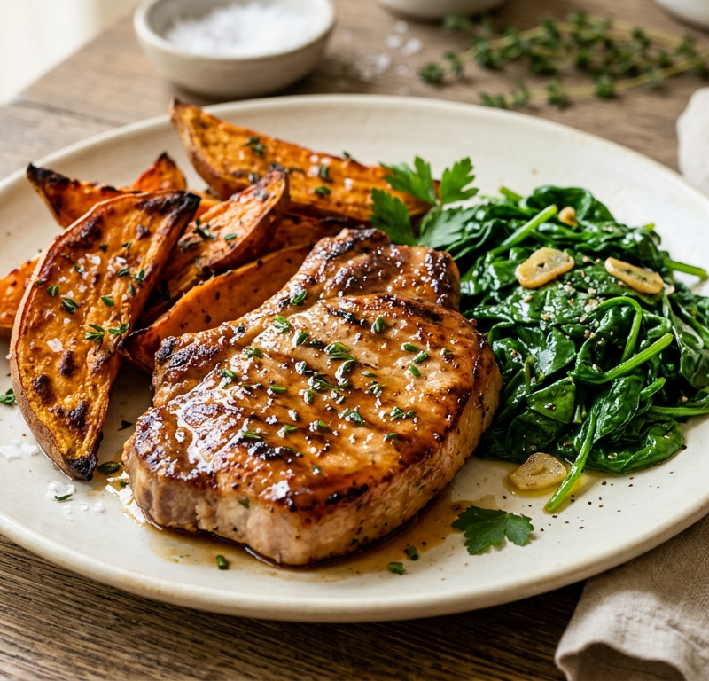 Maple-Glazed Pork Chops with Roasted Sweet Potato Wedges and Sautéed Spinach