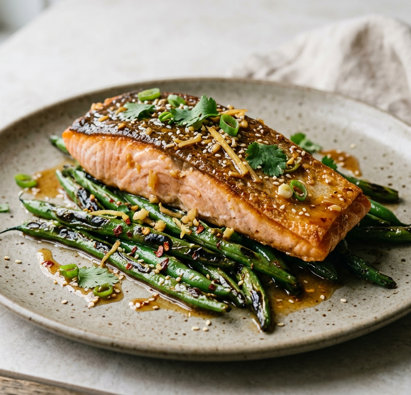 Crispy Skin Salmon with Ginger-Soy Butter and Charred Green Beans