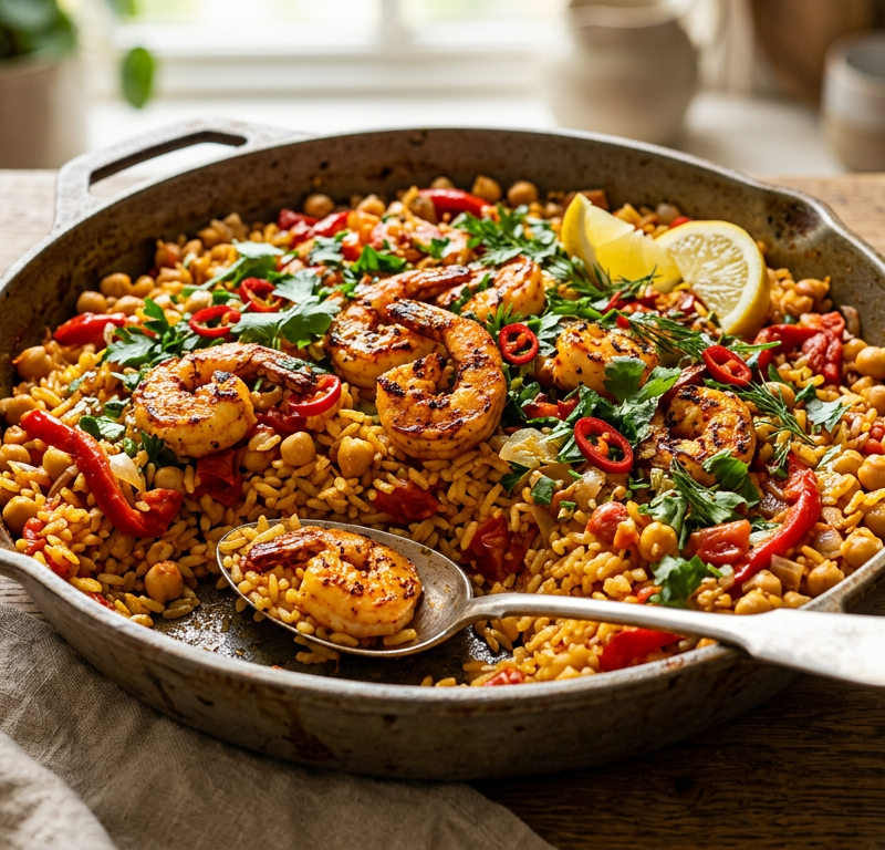 Garlic-Harissa Shrimp and Chickpea Rice Skillet