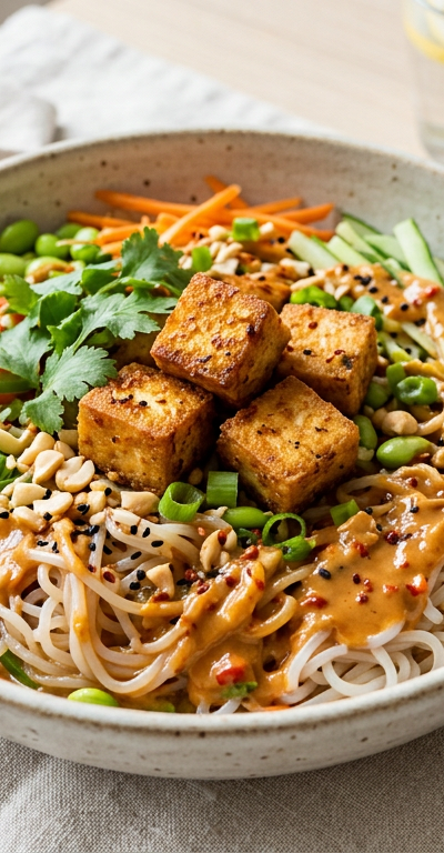Shirataki Noodle Bowl with Spicy Peanut Sauce and Crispy Tofu