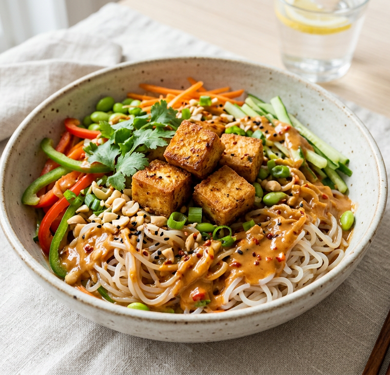Shirataki Noodle Bowl with Spicy Peanut Sauce and Crispy Tofu