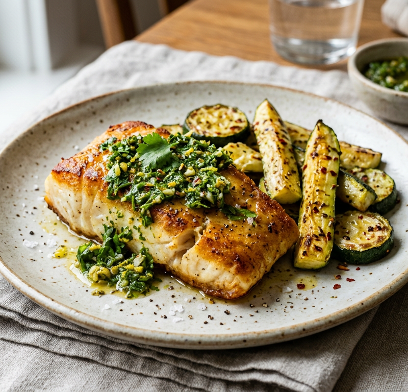 Chermoula Pan-Seared Cod with Roasted Zucchini