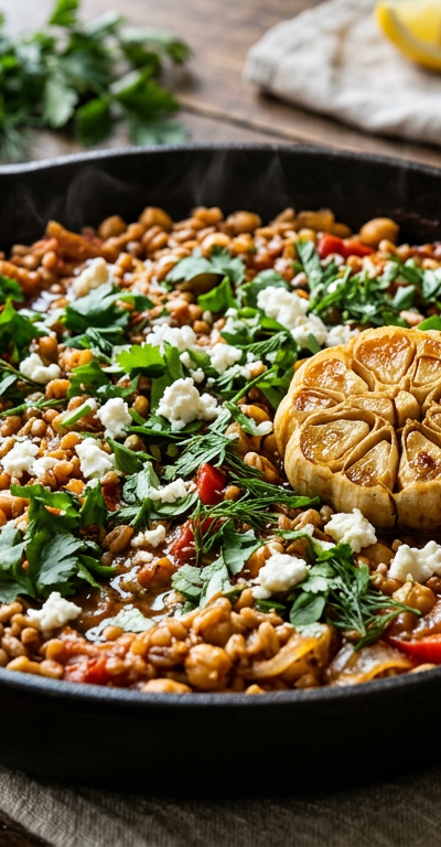 Spiced Chickpea and Farro Skillet with Roasted Garlic