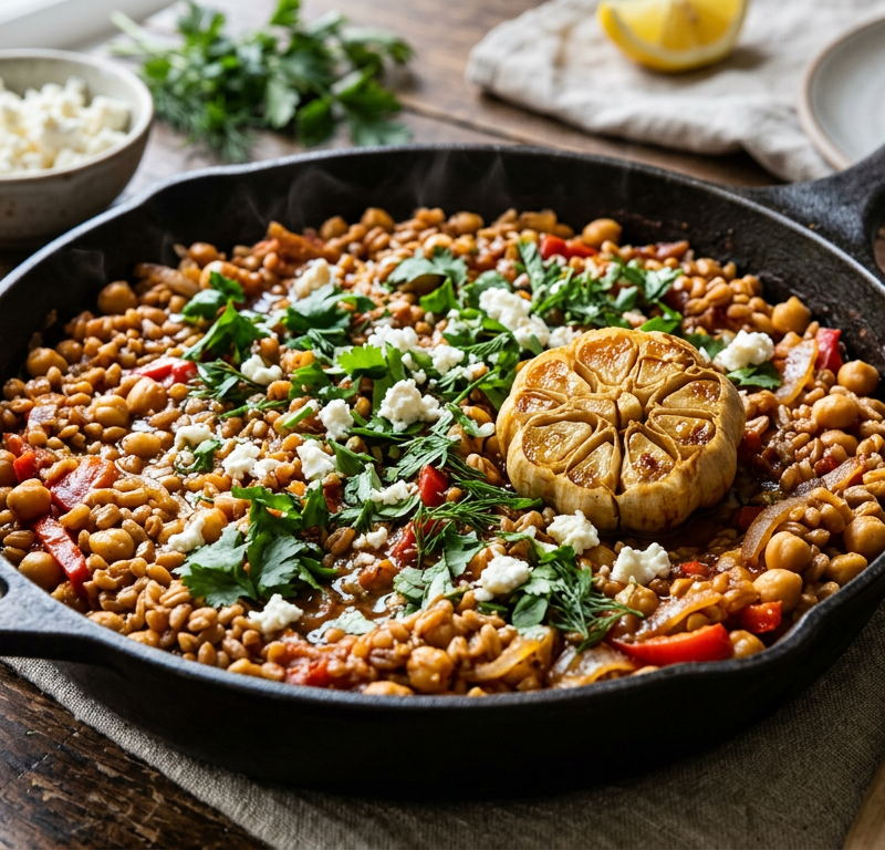 Spiced Chickpea and Farro Skillet with Roasted Garlic