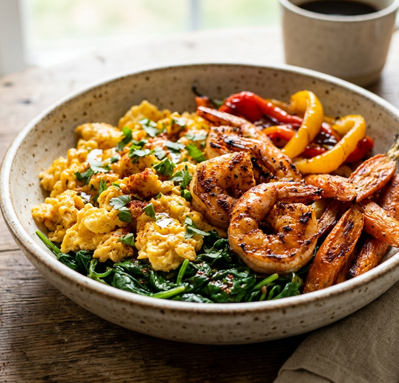 Harissa Scrambled Egg and Shrimp Breakfast Bowl