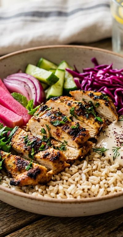 Grilled Chicken Shawarma Bowls with Pickled Veggies