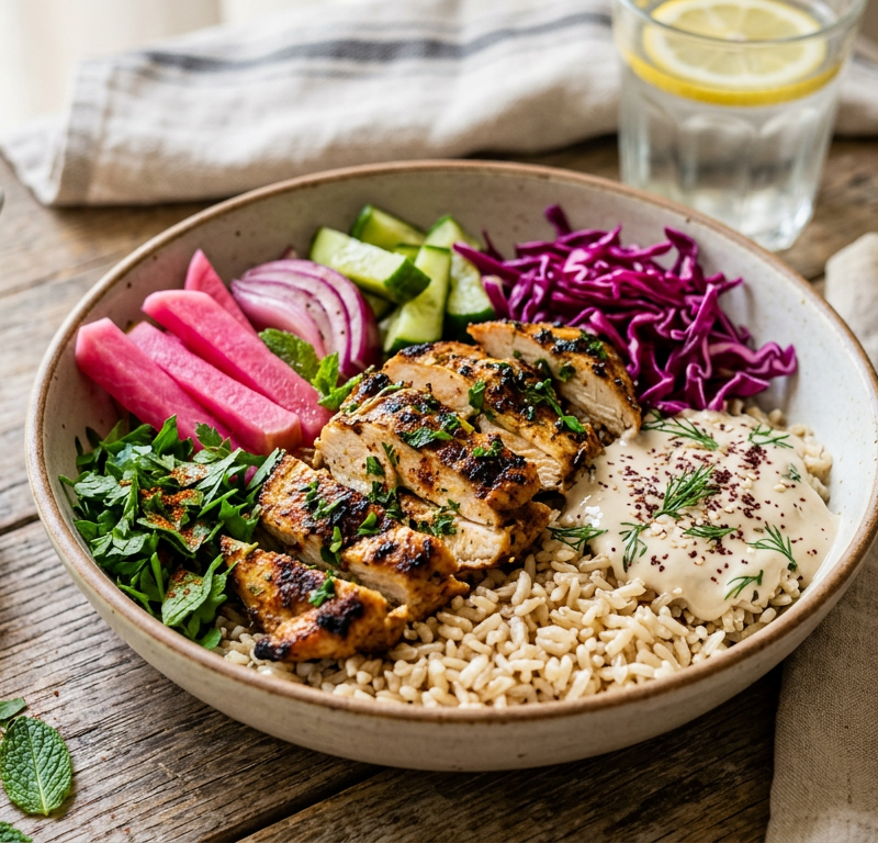 Grilled Chicken Shawarma Bowls with Pickled Veggies