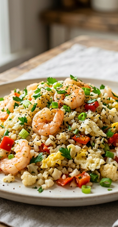 Cauliflower Rice Shrimp Scramble