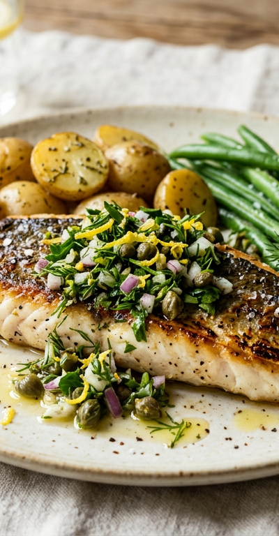 Greek Branzino with Lemon-Dill Salsa