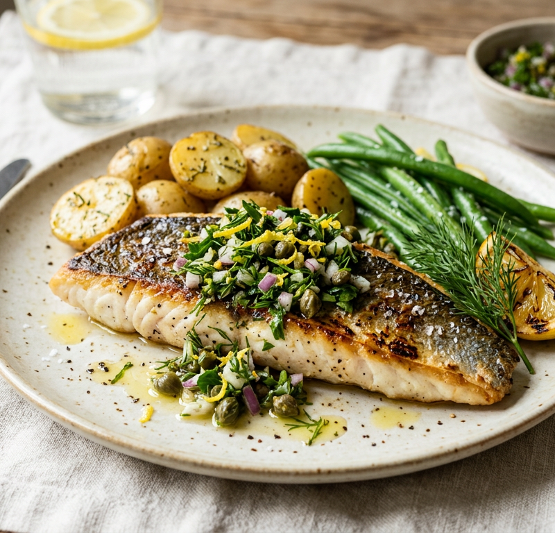 Greek Branzino with Lemon-Dill Salsa