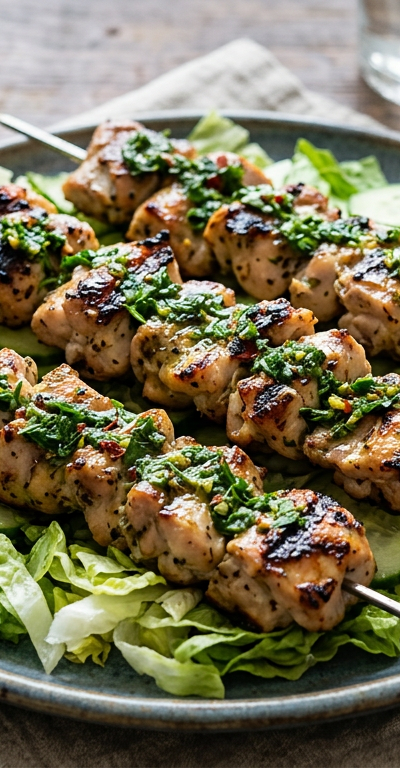 Garlic-Lemon Chicken Souvlaki Skewers with Herb Oil