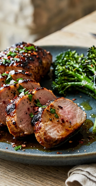 Hot Honey Glazed Pork Tenderloin with Charred Broccolini