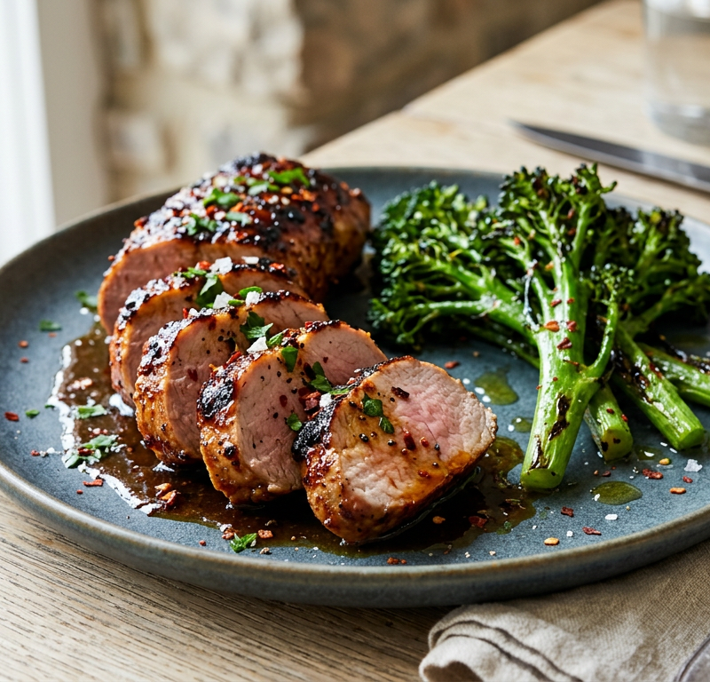 Hot Honey Glazed Pork Tenderloin with Charred Broccolini