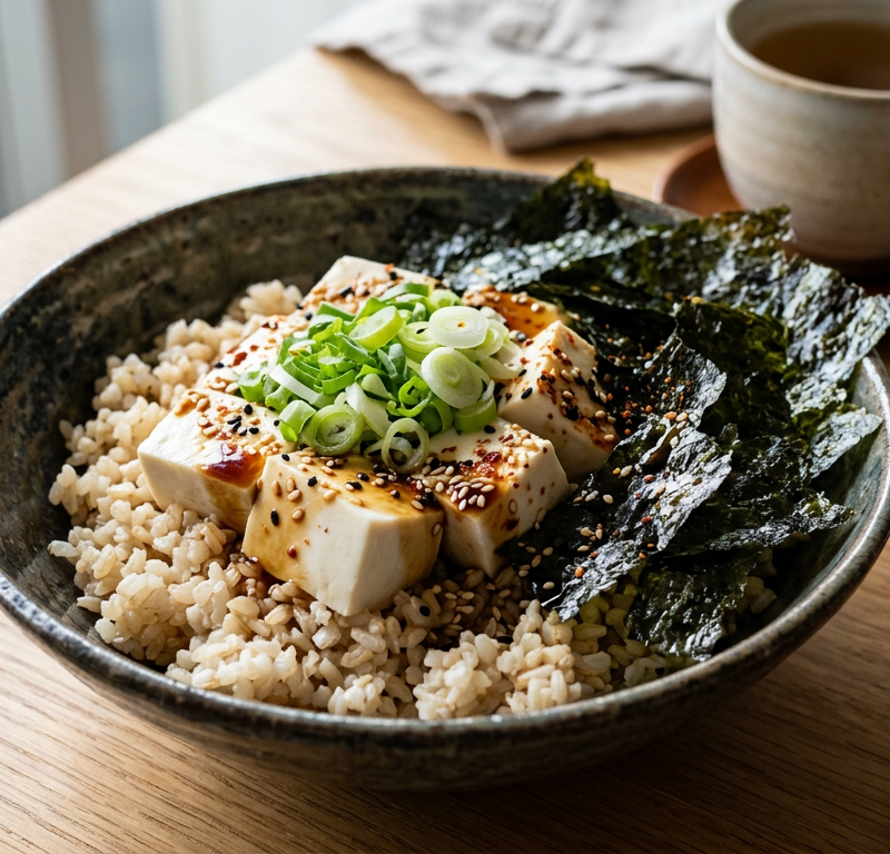 Toasted Nori & Brown Rice Breakfast Bowl with Soft Tofu and Scallion