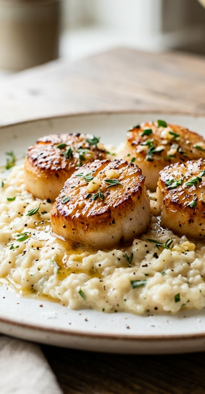 Lemon Garlic Butter Scallops over Cauliflower Risotto